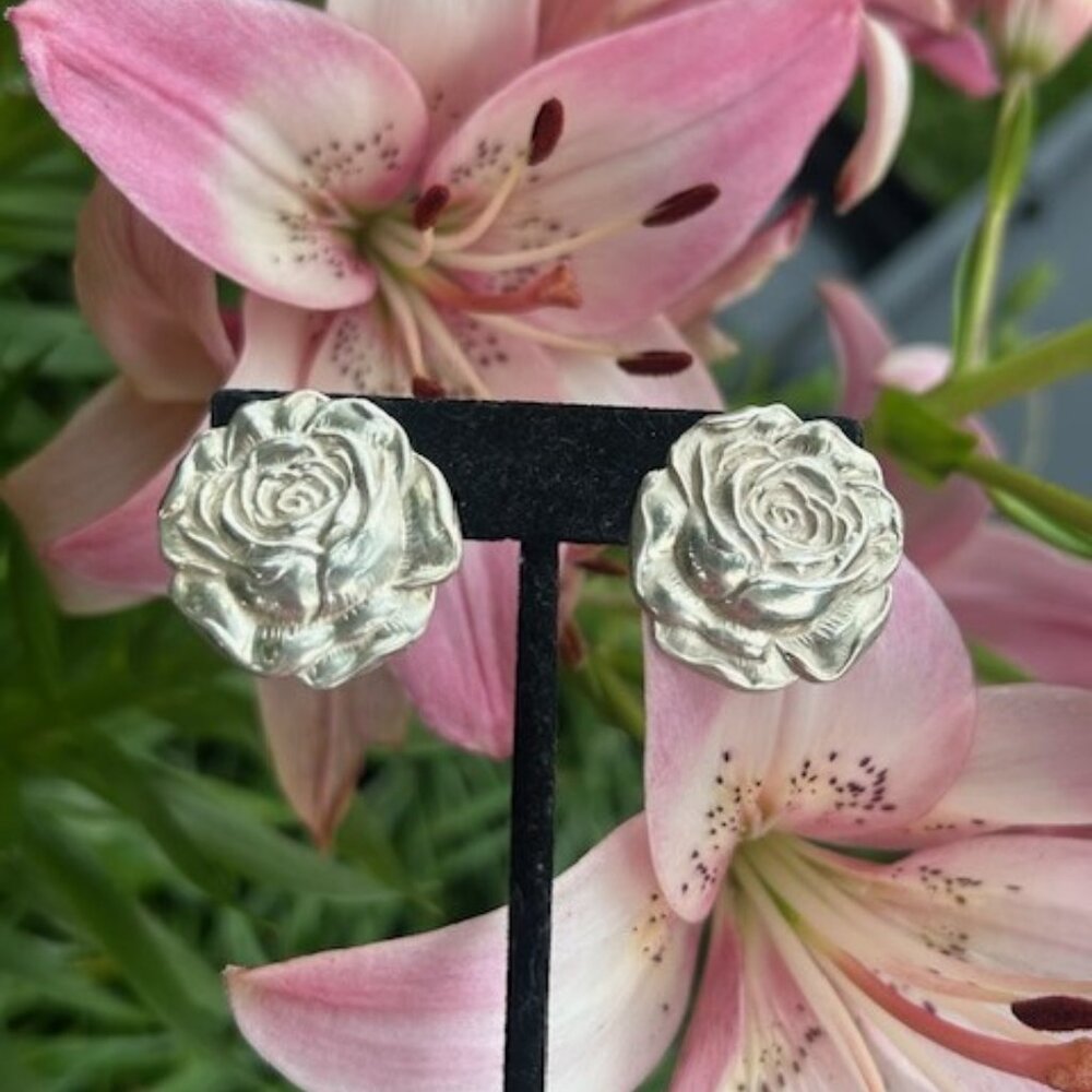 925 Silver 3-D Rose Statement Round Disc EARRINGS